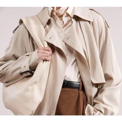 UK Minimalist Netural 100% Tencel Khaki Plisse Ruched Sleeve Belted Trenchcoat Effortless Single Breasted Tailored Military Coat