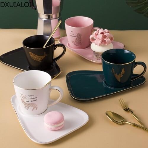Simple ceramic coffee cup and saucer set breakfast snack afternoon tea creative European style cup with gold 201-300ml