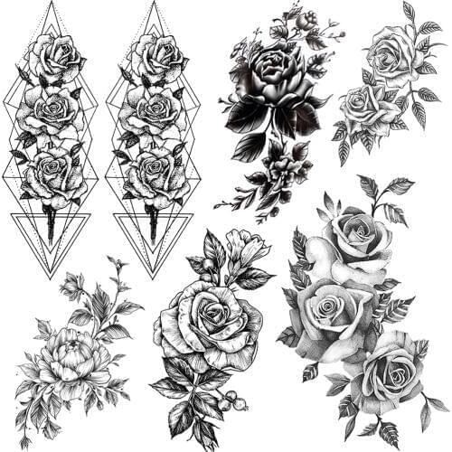 Sexy Diamond Rose Temporary Tattoo Sticker For Women Adults Body Art Tatoo 3D Waterproof Flower Branch Arm Leg Rose Tattoo Paper