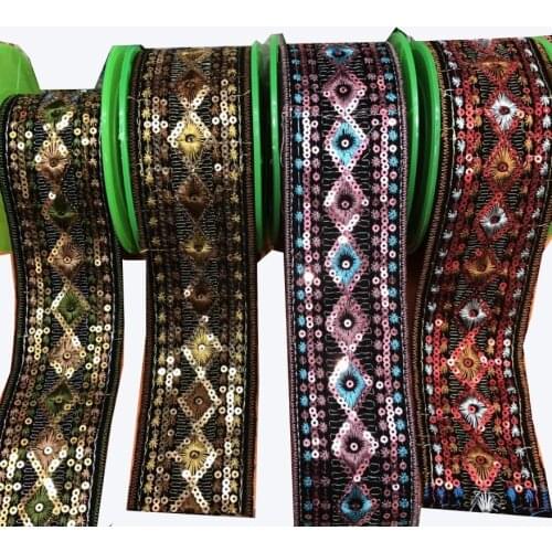 Wide about 5.2cm 10yards/lot cotton Woven Jacquard Ribbon embroider with Sequins Trims Quilt Accessories LS-0124