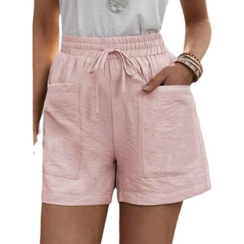 Solid Hight Waist Shorts Women Urban Leisure Loose Linen Pocket Elastic Waist Wide Leg Casual Shorts Women Summer