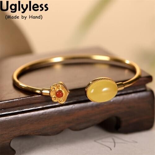 Uglyless Glossy Gold Bangles for Women Ethnic Solid 925 Silver Natural Gemstones Bangles Chicken Oil Amber Jewelry Agate Bijoux