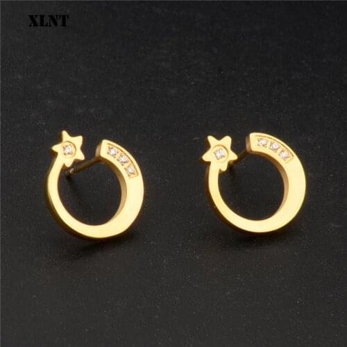 XLNT Rhinestone Moon Star Stud Earrings Gold Color Women Earring 2019 Party Stainless Steel Jewelry