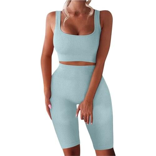 Ladies Summer Solid Color Ribbed Yoga Wear One-Neck Sleeveless Pullover Vest Top + High Waist Tight Pants Casual Sports Pants