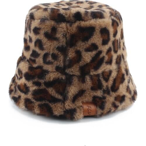 2020 New Korean Winter Vintage Leopard Plush Bucket Hat Women Warm Faux Fur Bucket Cap Japanese Sweet Cute Fisherman Hat