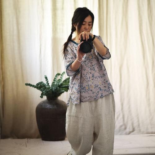 Women Loose Ramie V Neck Blouse Female 2020 Summer Plus Size Ramie Tops Female 2020 Ramie Shirt