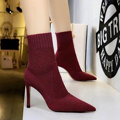 Womens Heels High Heel Boots Heels Socks Boots Stretch Fabric Elastic Stilettos Heel Pointed Toe Ankle Boots Female Pumps
