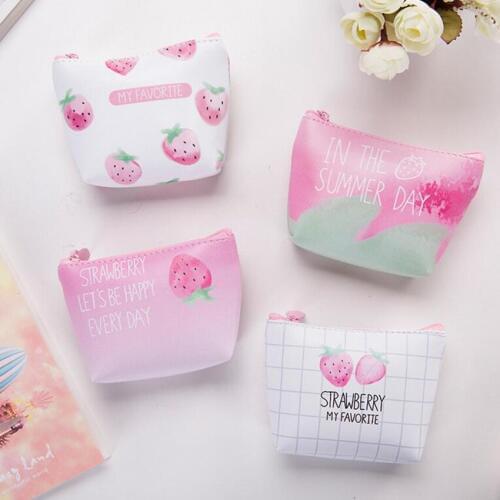 M243 Women Purses Strawberry Cute Student Short Wallet Mini Zip Mini Purse Cartoon 4 Styles Card Bag