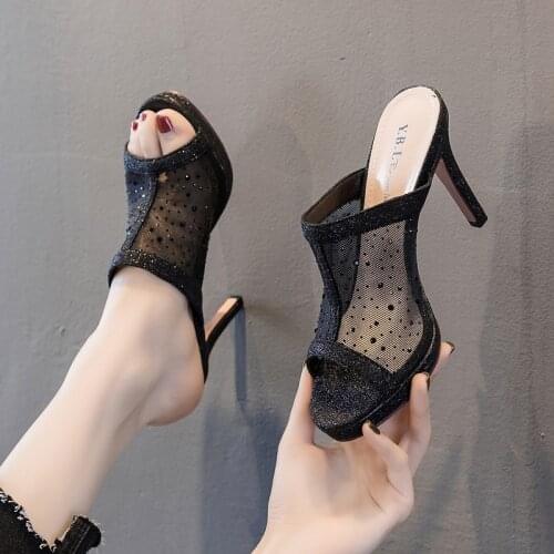 Platform Slides Women Designer Mesh Rhinestone Sandals Women Summer High Heels Striptease Walking Show Sandals Platform Heels