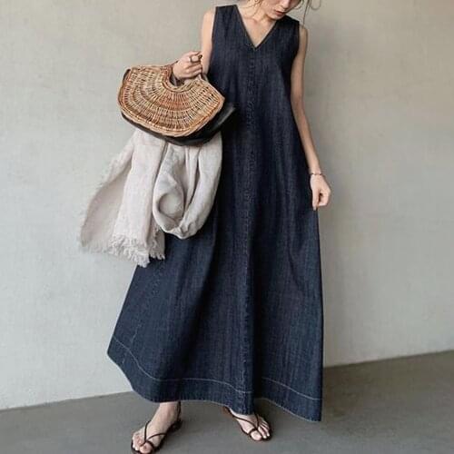 Korean Dress Women Denim Sundress Japanese Plain Summer Oversize Casual Maxi Jean maxi Dresses Back tie Vestido mujer robe femme