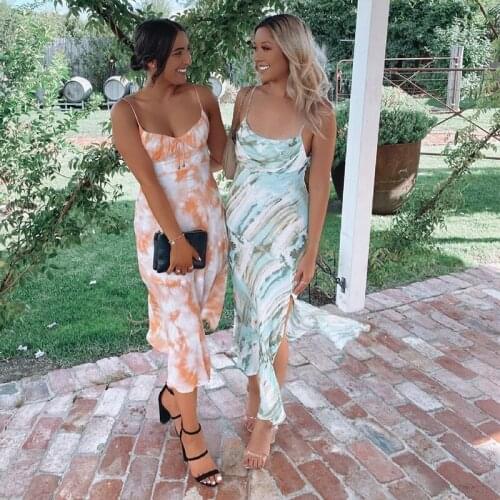 Foridol Tie-dyed Green Slit Long Dress for Women Strap Backless Maxi Summer Boho Dress Long Sleeveless Print Dress Vestidos 2021
