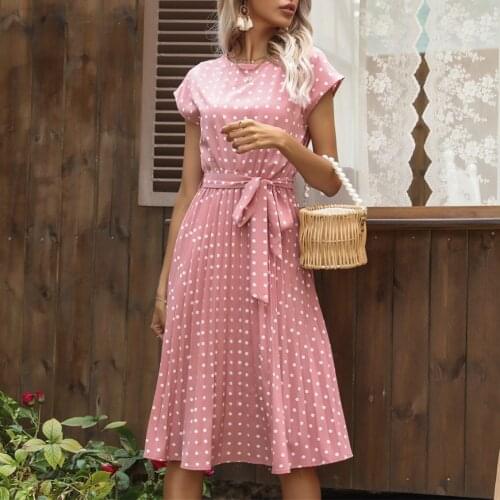 Women Dot Print A-line Summer Dress 2021 New Casual O-neck Sashes Midi Dress Ladies Holiday Beach Party Vintage Dress Vestidos