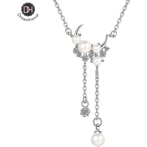 Dreamhonor 925 Sterling Silver Fashion New Jewelry High Quality Crystal Zirconia Moon Tassel Pearl Pendant Necklaces Long 45CM