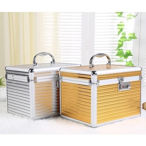 Large Capacity Waterproof Cosmetic Case Aluminum Alloy with Password Lock Mirror Cosmetic Bag Makeup Storage Tin Box Organizer