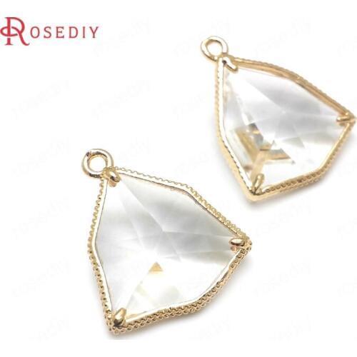 36398)10PCS 21x18MM 24K Champagne Gold Color Brass with White Glass Faceted Triangle Shape Charms Pendants Accessories