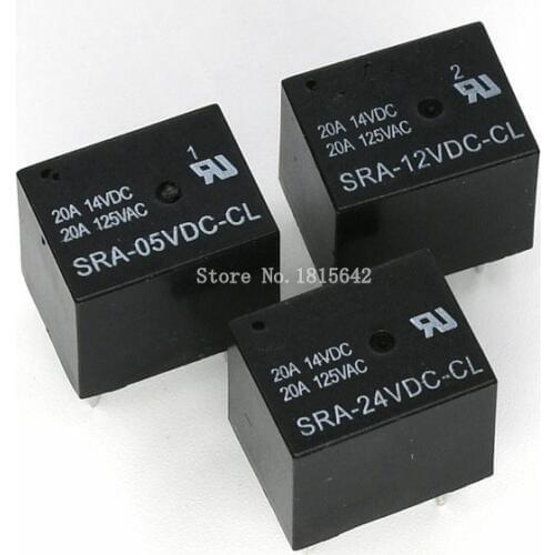 5PCS 5V 12V 24V 20A DC Power Relay SRA-05VDC-CL SRA-12VDC-CL SRA-24VDC-CL 5Pin PCB Type Black Automobile relay