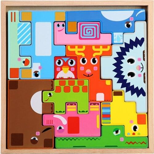 Wooden Creative Animal 3D Jigsaw Puzzles Early Childhood Educational Puzzle Shape Recognition Matching
