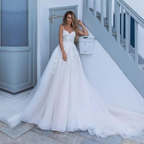Elegant A-line White 3D flower Wedding Dresses with Appliques Spaghetti Strap Bridal Gowns Boho vestido de casamento