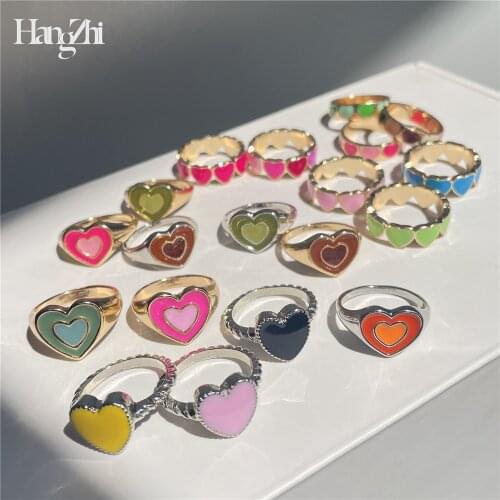 HANGZHI New Korean Retro Metal Dripping Glaze Love Heart Mixed Rainbow Color Rings for Women Girls Summer Party Jewelry Gifts