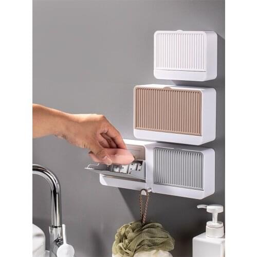 Creative Wall Mounted Punch-free Soap Box With Lid Draining Rack Double Grids Wall Soap Holder Soap Dish For Bathroom Dispenser