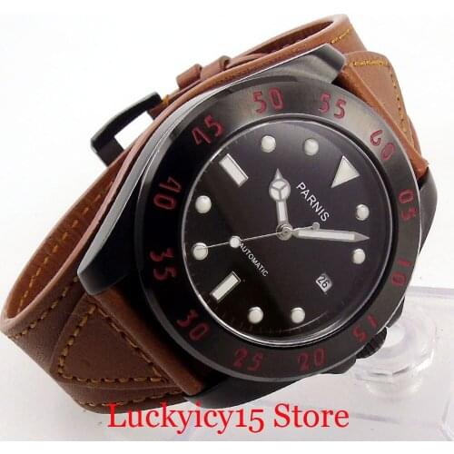 Luxury PARNIS 43mm PVD Plated Classic Black Dial Mechanical Men Wristwatch Automatic Movement Date Function Leather Strap