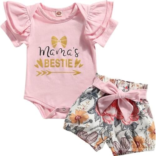 Fashionable Toddler Baby Girls 2PCS Summer Cotton Outfits Short Sleeve Letter Print Bodysuit Bow Belted Floral Shorts Casual Set