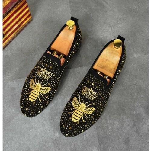 Man Loafers Shoes Fashion Party Dress Shoes Pointed Toe Rhinestone Casual Flat Breathable Business Shoes