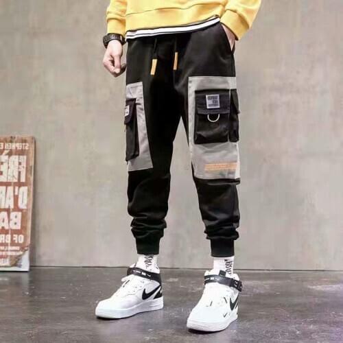 Men Streetwear Carog Pants Hip Hop Baggy Joggers Korean Style Patchwork Pocket SweatPants Black Track Trousers For Male