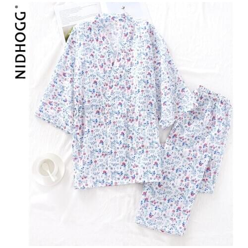 New 100% Cotton Gauze Kimono Pajamas Womens Half-Sleeve Pants Pijamas V-Neck Women Sleepwear Pyjama Set 2 Piece Sexy Nightwear
