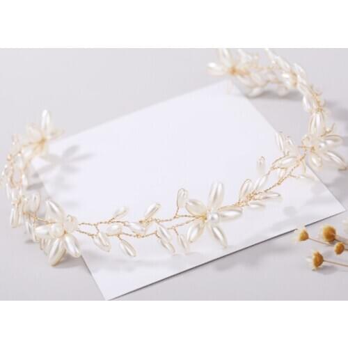 Gold Pearl Flower Bride Head Band Tiara Bridal Headband Headpiece Jewelry Noiva Wedding Crown Hair Accessories Decoration
