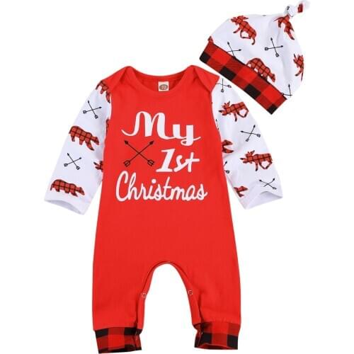 Christmas Newborn Baby Girls Boys Rompers Cartoon Letter Print Long Sleeve Patchwork Jumpsuits+Hat 2pcs 0-24M 3 orders