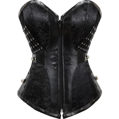 Sexy Black Corset Waist Trainer Steel Boned Bustier Overbust Gothic Gorset Jacquard Floral Korse Rivet Korsett Slimming Cincher