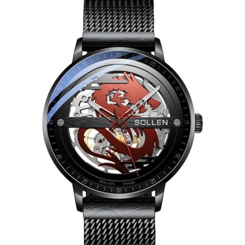 Switzerland Luxury Brand SOLLEN Automatic Men‘s Mechanical Watches Waterproof Dragon Double Skeleton Luminous Watch SL317
