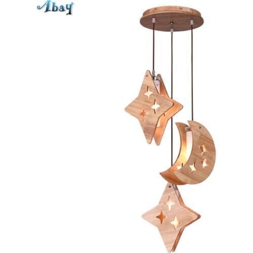 Nordic Childrens Room Glass Wooden Pendant Lights Living Room Bedroom Bar Modern Dining Room Star Moon Lamps Hanging Fixtures