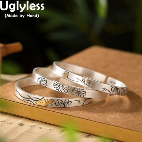 Uglyless Solid 999 Pure Silver Flat Bangles for Women Handmade Thai Silver Lotus Ginkgo Daisy Bangles Instagram Popular Jewelry