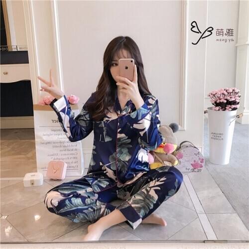 Spring and autumn new pajamas womens ice silk suit long-sleeved cardigan two pieces of suit silk Korean version home clothes