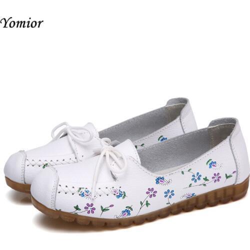 Yomior Women Fashion Flat Shoes Casual Genuine Leather Footwear Lace Up Ladies Flats Nurse Pregnant Women Shoes Moccasin