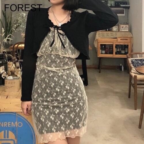 Girl Lace Dress Hip Strap Dress Lace Dark Long Sleeve Cardigan Female