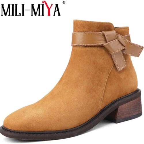MILI-MIYA Classic Style Genuine Leather Women Suede Leather Ankle Boots Low Square Heels Round Toe Party Office Ladies Shoes