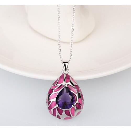2021 New 925 Silver Big Purple Water Drop Zircon Pendant Necklace Lady Sparkling Handmade Enamel Epoxy Short Chain Fine Jewelry