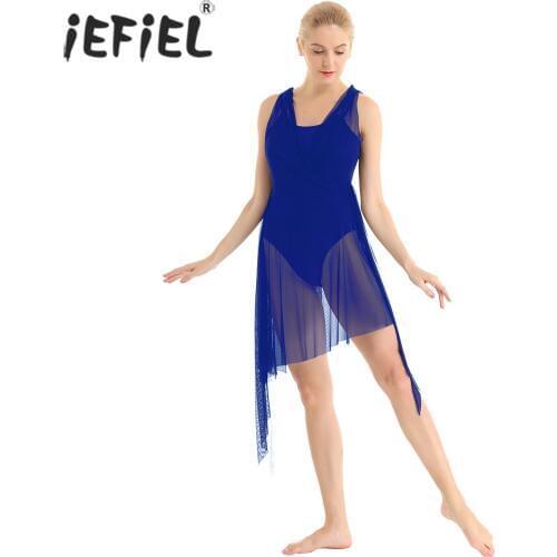 Womens Adults Professional Ballroom Dance Dress Wrapped Front and Back Asymmetrical Leotard Dress Costume Figure Skating Wear