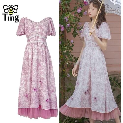 Tingfly Vintage Elegant Pink Floral Ruched High Waist Party Dinner Dresses Lady Girl Summer Puff Sleeve A Line Elbise Robes Traf
