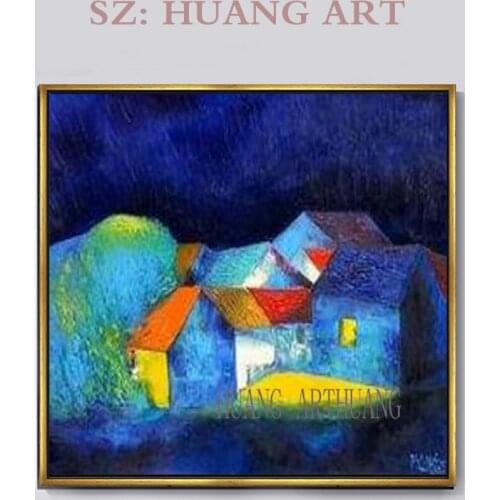 Building blue knife painting small Vietnam rural scenery oil painting original famous artists ship view modern style home decor