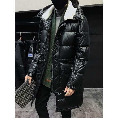 Winter New Mens Fashionable Casual Glossy Hooded Down Jacket Long Male White Duck Down Coat