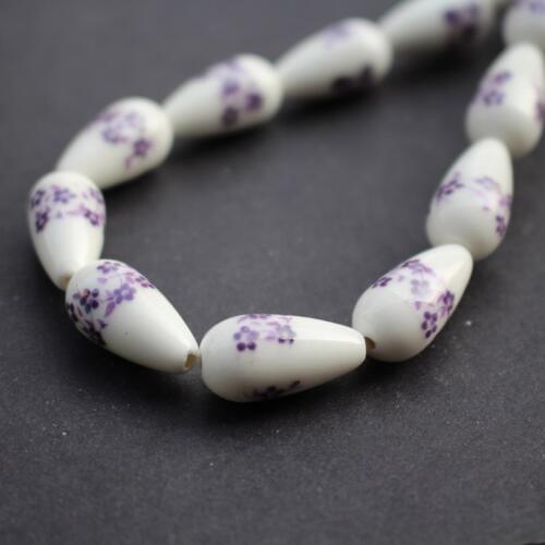 16Pieces Drop Shape Ceramic Beads 10.2mm*20mm Purple Flower Patterns for jewelry making 5224