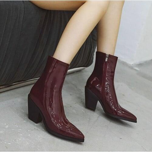 2021 Spring Autumn Fashion Patent Leather Short Boots Ladies Comfortable Thick-Heeled Rider Boots Winter Plus Size Womens Shoes