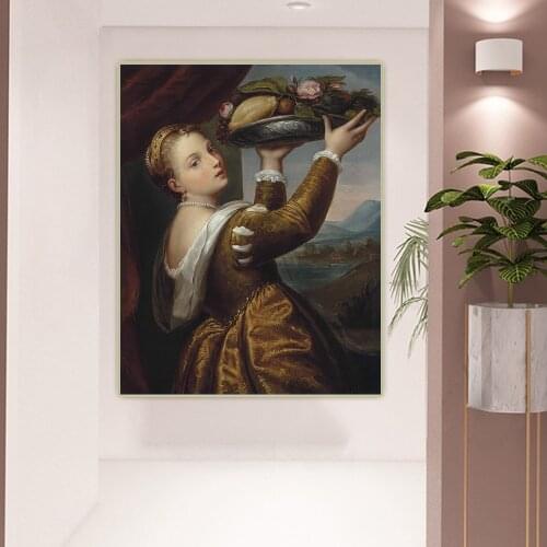 Citon Tiziano Vecellio《Girl with fruit bowl》Canvas Art Oil Painting Artwork Poster Picture Wall Decor Home Interior Decoration