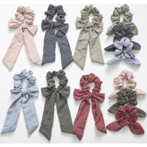 CN Fashion Stripe Printed Bow Hair Scrunchies For Women Girls Ponytail Holder Elastic Hair Ties Rope Ribbon Bands Hair Accessori