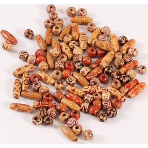 DIY150pcs Printed Wood Bead Random Mix Shape Drum Pattern Big Hole Loose Spacer Beads Fits For Bracelet Jewelry Make Accessories