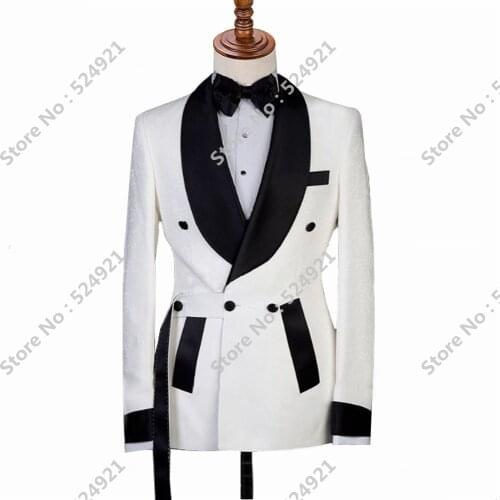 Double Breasted Men Suits Ivory and Black Groom Tuxedos Shawl Lapel Groomsmen Wedding Best Man 2 Pieces ( Jacket+Pants+Tie ) D67